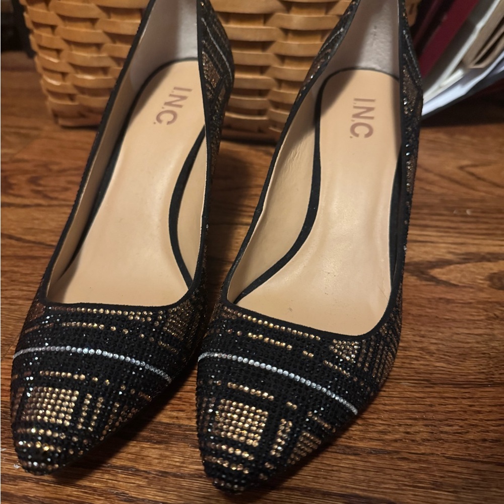INC International Concepts Black and Gold Studded Heels